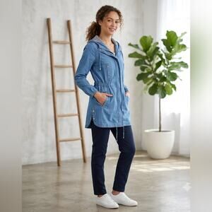 Linea Domani Women's Chambray Denim Utility Anorak Jacket Hooded Striped Lining